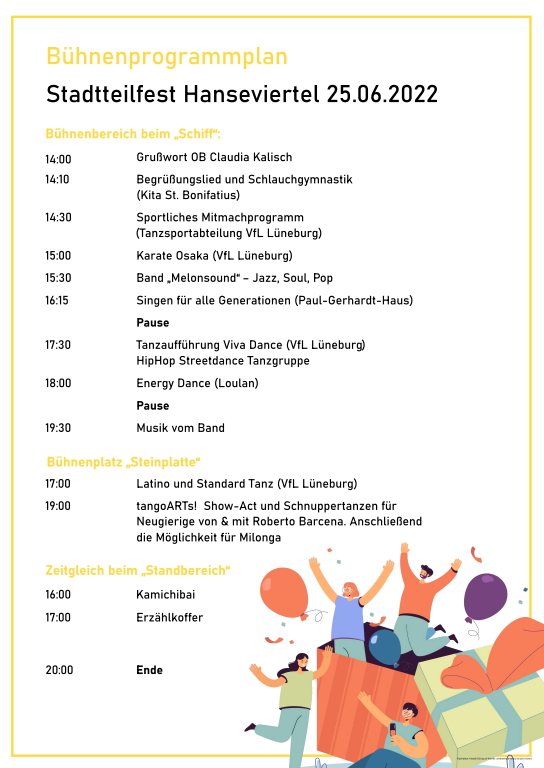 Programm Stadtteilfest Hanseviertel am 25. Juni 2022, Stand 20.06.2022. Grafik: Quartiersmanagement Hanseviertel.