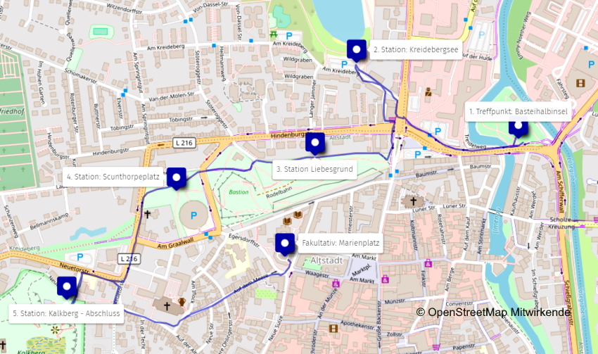 Stadtspaziergang: FUSS e.V. 02.07.2022. Karte: Openstreetmap  Mitwirkende.