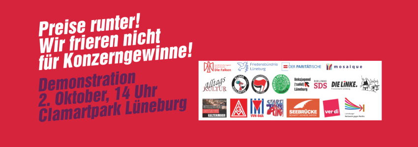 Preise runter! Demonstration 2.10.2022. Grafik: Die Linke, Lüneburg.