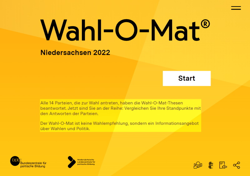 Wahlomat Niedersachsen, BPB - Screenshot der Startseite.
