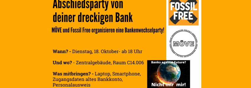 MÖVE / Fossil Free Lüneburg: Bankwechselparty am 18.10.2022. Sharepic (angepasst).