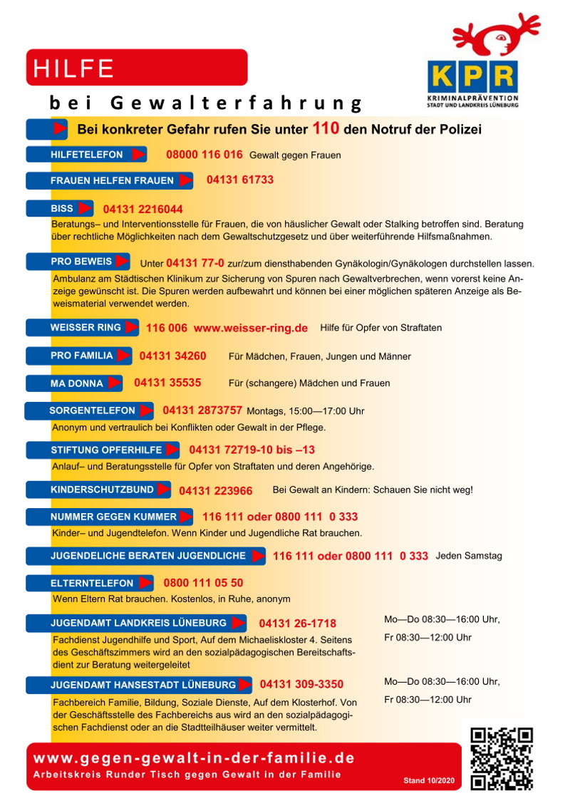 Grafik: Kriminalprävention Stadt und Landkreis Lüneburg: Hilfeliste bei Gewalterfahrung.