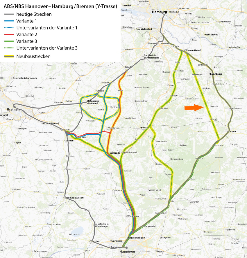 Ausbau-/Neubaustrecke Hannover-Hamburg/Bremen: Streckenvarianten. Grafik: Von Maximilian Dörrbecker (Chumwa) - Eigenes Werk, using OpenStreetMap data, CC BY-SA 2.0, https://commons.wikimedia.org/w/index.php?curid=34117410