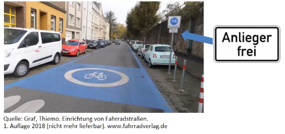 Fahrradstraße, die der Straßenverkehrsordnung entspricht: Anlieger frei. Wichtig auch: Die deutliche Markierung.
