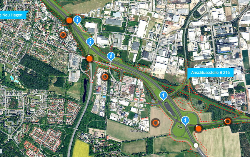 Screenshot Interaktive Karte zu den A39-Planungen bei Lüneburg. © YUNO - Project Atlas v6.2210.19 | XKP | © MapTiler | © OpenStreetMap. Insbesondere der Vergleich der jetzigen Situation mit der zukünftigen Planung (Button links unten auf der Karte) macht das Ausmaß des zusätzlichen Flächenbedarfs besonders deutlich.