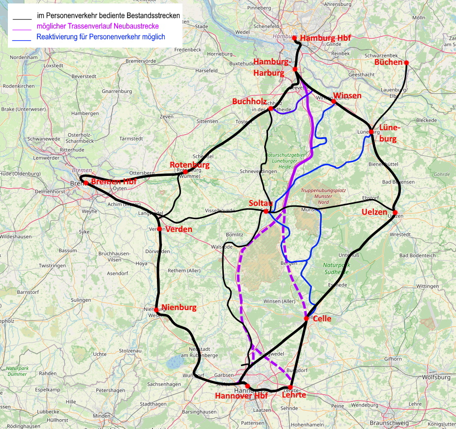 Streckenalternativen Hannover-Hamburg, Stand 2022. Karte: Malte Diehl, PRO BAHN, Openstreetmap Contributors.