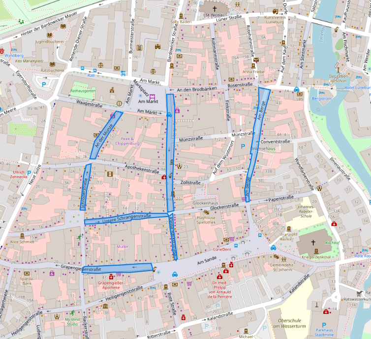 Frequenzzählung Innenstadt Lüneburg. Karte: OpenStreetmap Contributors.