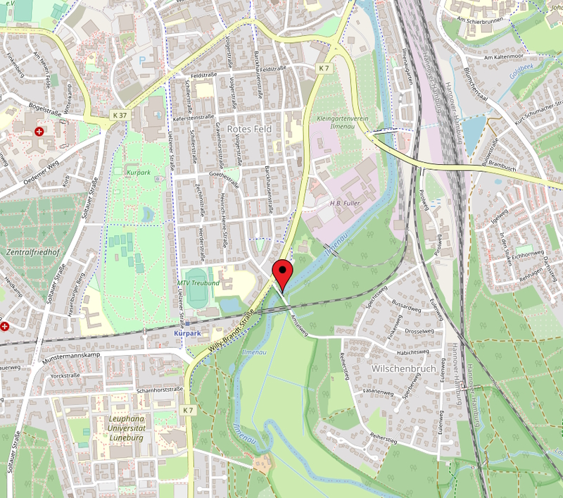 Amselbrücke zwischen Wilschenbruch und Lüneburg. Karte: OpenStreetMap und Mitwirkende.