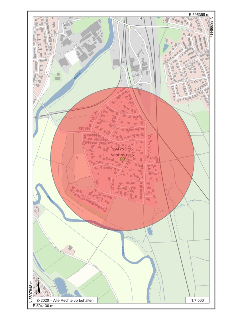 Ort des Bombenfunds und Evakuierungsbereich Wilschenbruch, 13.02.2023. Grafik: Hansestadt Lüneburg.