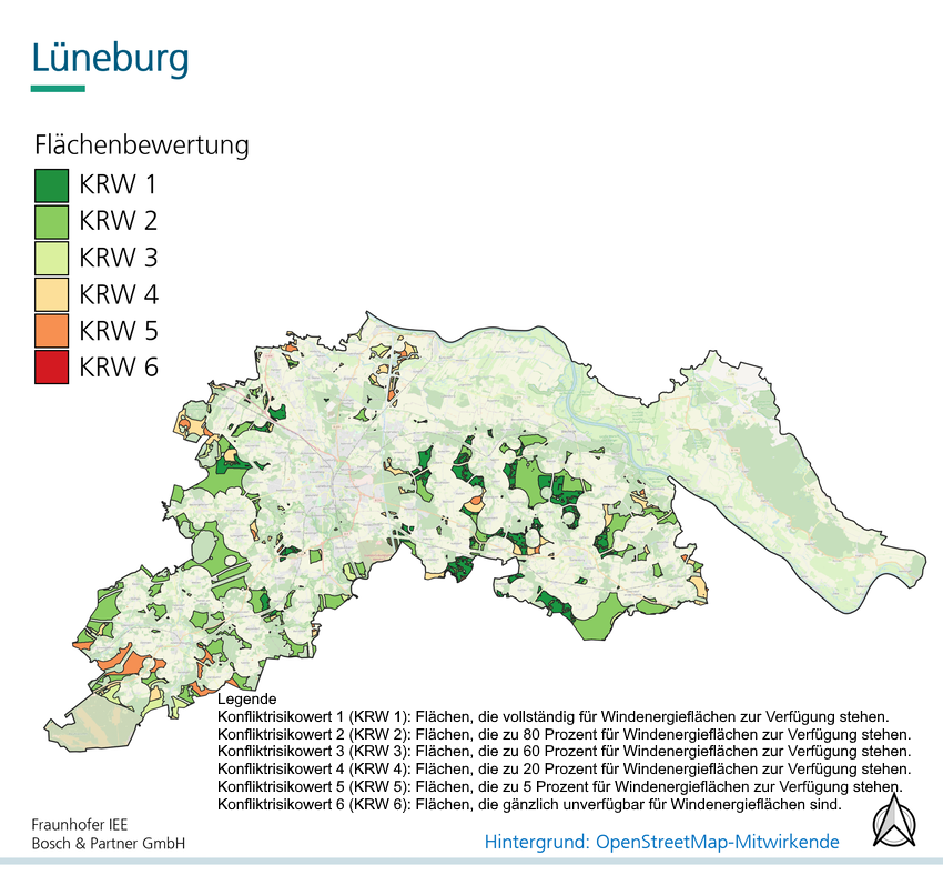 Flächenbewertung Landkreis Lüneburg: Eignung für Windenergie. Karte: Fraunhofer IEE, Bosch & Partner GmbH, Hintergrund: OpenStreetMap-Mitwirkende.