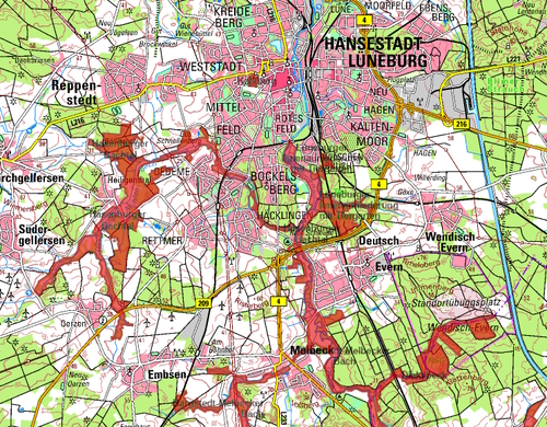 Umweltkarte Niedersachsen mit Naturschutzgebietenum Lüneburg. Screenshot: Niedersächsisches Ministerium für Umwelt, Energie und Klimaschutz. Umweltkarten Niedersachsen.