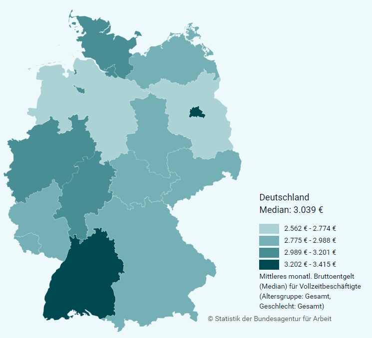 Einkommen von Busfahrer:innen in Deutschland nach Bundesländern - Daten bis 2021. Niedersachsen gehört zu den Gebieten mit dem niedrigsten monatlichem Brutto-Entgelt.