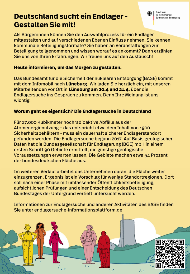 Deutschland sucht ein Endlager. Gestalten Sie mit! - BASE - Infoflyer Lüneburg 20./21. April 2023.