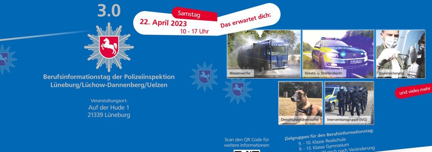 Plakat der PI Lüneburg: Berufsinformationstag am 22.04.2023 (angepasst).