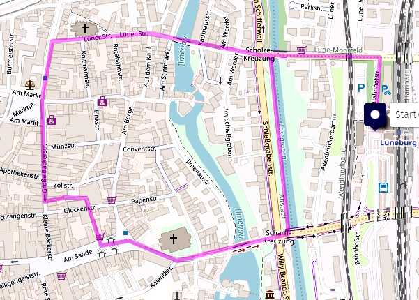 Grafik: FUSS e.V. / OpenStreetmap Mitwirkende. Route beim Walkshop am 1.04.2023.