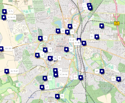 Hansestadt Lüneburg, Mobilitätsausschuss am 14.02.2022: Das plant die Stadt Lüneburg - Übersichtskarte. Karte: OpenStreetMap Mitwirkende.