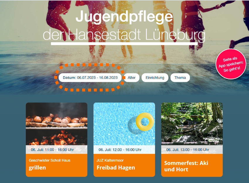 Screenshot Junges Lüneburg: Veranstaltungskalender.