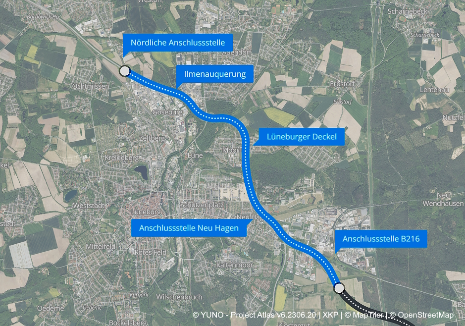 Screenshot: Interaktive Karte zu den A39-Planungen - erster Bauabschnitt im Nordosten von Lüneburg. Atlas: Autobahn GmbH.