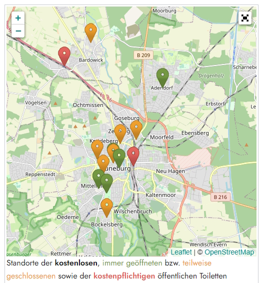 Lünepedia: Öffentliche Toiletten in Lüneburg, Screenshot 19.06.2023. Karte: OpenStreetMap Mitwirkende.
