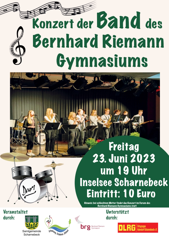 Plakat: Samtgemeinde Scharnebeck. Open-air-Konzert am Inselsee, 23. Juni 2023.
