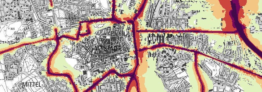 Grafik: Umweltkarten Niedersachsen. Verkehrslärm in Lüneburg 2022. Die Farben Rot und Lila zeigen an: Hier ist der Lärm gesundheitsschädlich.
