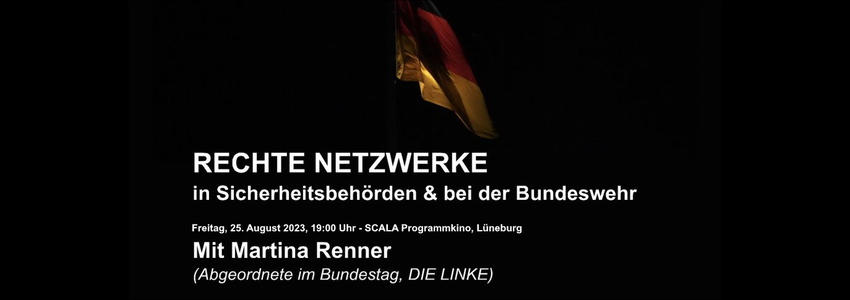 Rosa Luxemburg Club Lüneburg: Rechte Netzwerke. Vortrag am 25.08.2023. Sharepic.