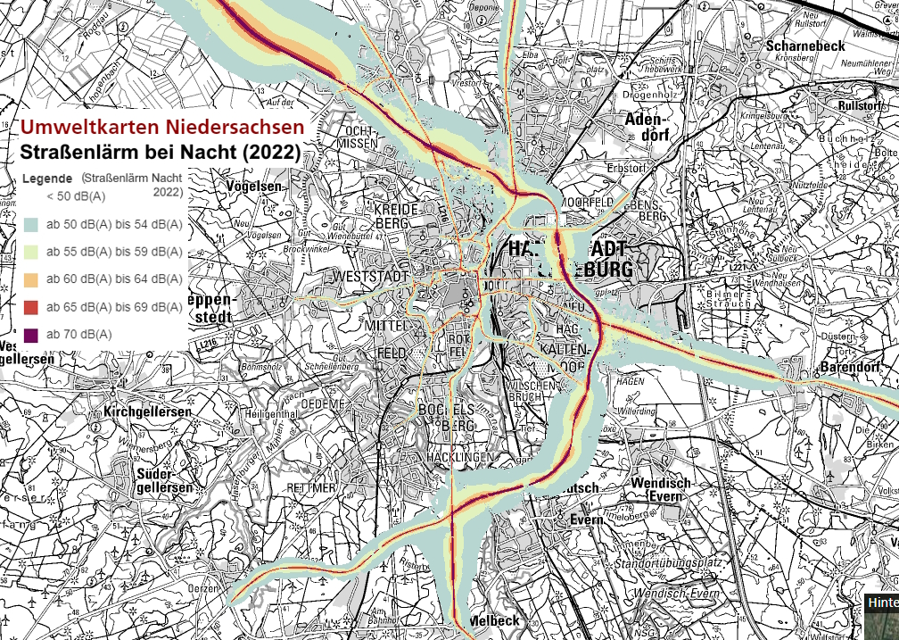 Umweltkarten Niedersachsen: Lärmbelastung bei Nacht (2022) in und um Lüneburg. Screenshot.