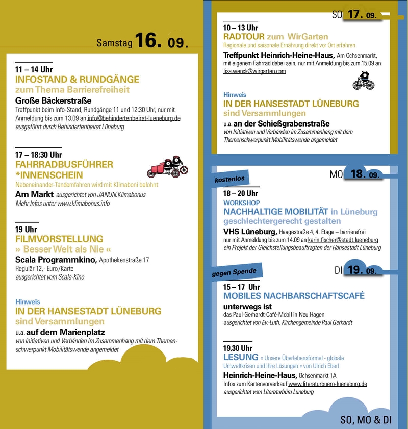 Programm Europäische Mobilitätswoche - Samstag, 16.09., bis Dienstag, 19.09.2023. Grafik: Hansestadt Lüneburg.