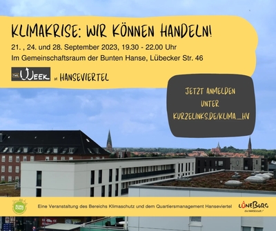 Klimakrise: Wir können handeln! Veranstaltung im Hanseviertel, 21., 24. und 28. September 2023. Sharepic.