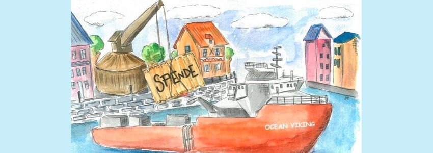 Spendenaktion Ocean Viking im Landkreis Lüneburg. Zeichnung: DIE LINKE, Lüneburg.