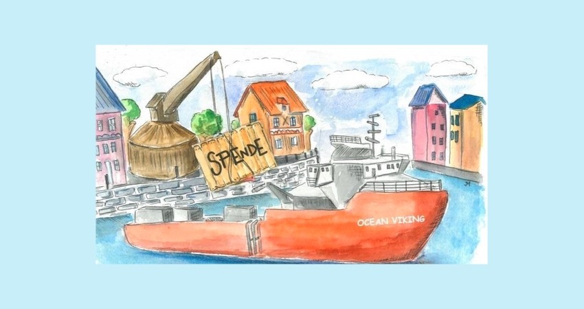 Spendenaktion Ocean Viking im Landkreis Lüneburg. Zeichnung: DIE LINKE, Lüneburg.