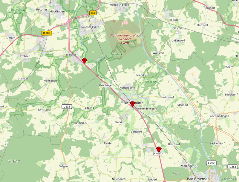 B4 zwischen Melbeck und Jelmstorf. Karte: OpenStreetmMap Mitwirkende.