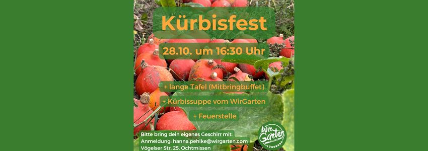 Kürbisfest bei WirGarten, 28. Oktober 2023, 16:30 Uhr. Sharepic: WirGarten.