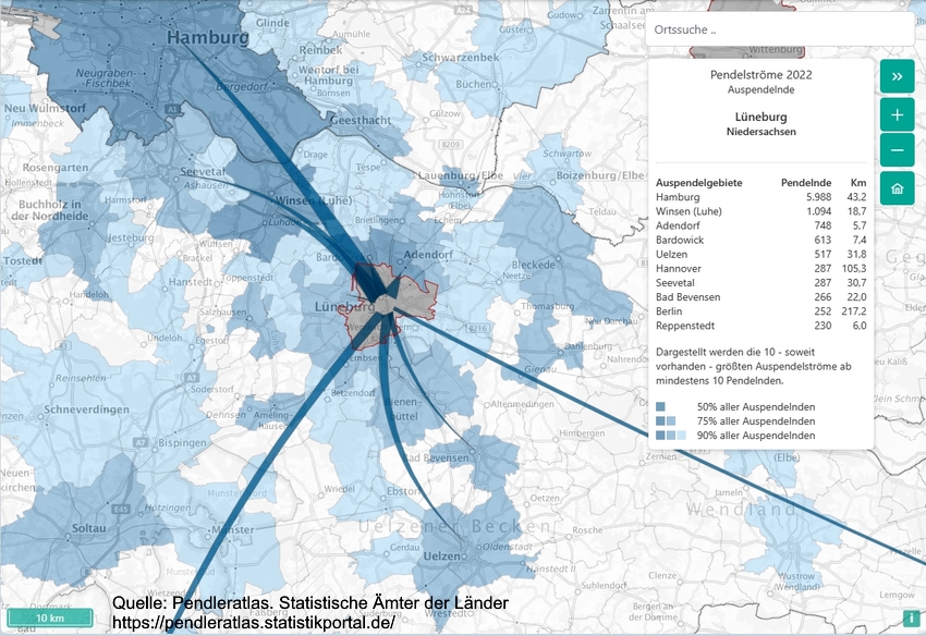 Wohin fahren die Menschen aus Lüneburg zur Arbeit? Pendleratlas, Statistische Ämter der Länder.