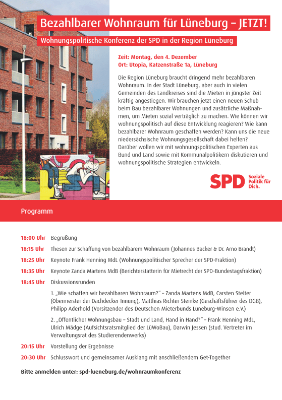 Bezahlbarer Wohnraum für Lüneburg, 04.12.2023. Flyer: SPD Lüneburg.