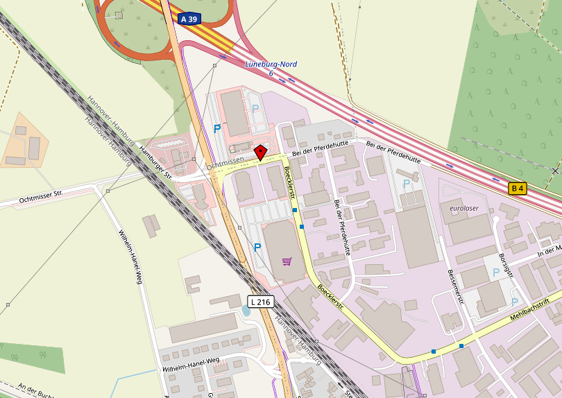 Lüneburg Goseburg, Bei der Pferdehütte. Die Abfahrt von der Hamburger Straße in den Stadtteil ist wegen der Baustelle gesperrt. Bushaltestellen (blau markiert) können nicht angefahren werden. Karte: OpenStreetMap Mitwirkende.