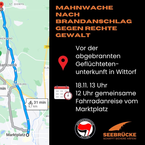 Aufruf zur Mahnwache nach Brandanschlag in Wittorf am 18.11.2023. Sharepic.