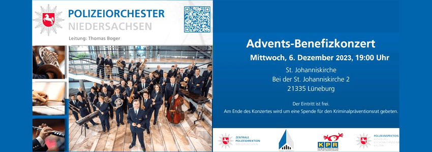 Plakat: Polizeiorchester Niedersachsen. Konzert am 6.12.2023 in Lüneburg.