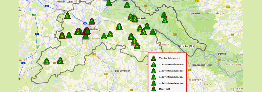Weihnachtsmärkte 2023 im Landkreis. Screenshot: basemap.de, Landkreis Lüneburg
