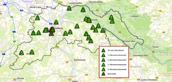 Interaktive Karte mit Weihnachtsmärkten 2023 im Landkreis. Screenshot: basemap.de, Landkreis Lüneburg