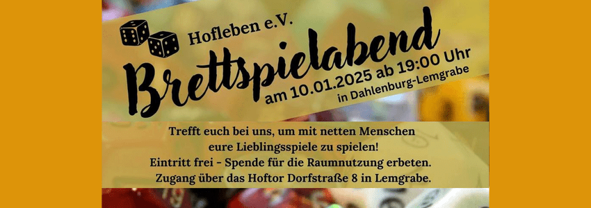 Einladung zum Brettspielabend 2025 - Hofleben e.V. Plakat.