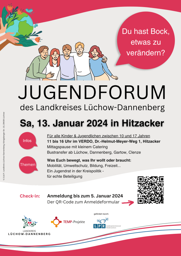 Plakat: Landkreis Lüchow-Dannenberg. Einladung zum Jugendforum am 13.01.2024 in Hitzacker.