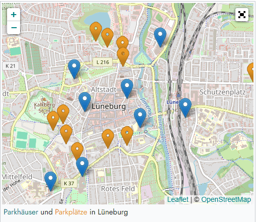 Parken in Lüneburg. Übersichtskarte bei Lünepedia (OpenStreetMap-Mitwirkende).
