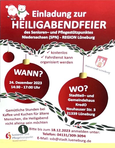 Plakat: Senioren- und Pflegestützpunkt (SPN) – REGION Lüneburg. Einladung zur Heiligabendfeier am 24.12.2023.
