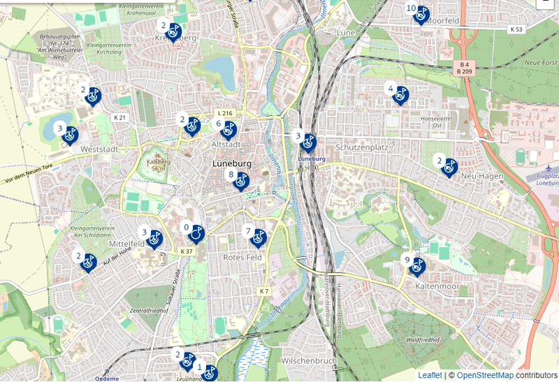 <em>Interaktive Karte mit StadtRAD-Stationen. OpenStreetMap-Mitwirkende. Mit den aktuellen Angaben zur Zahl der verfügbaren Räder findet sich die Karte unter <a href="https://stadtradlueneburg.de/de/start" target="_blank" rel="noopener">https://stadtradlueneburg.de/de/start</a></em>