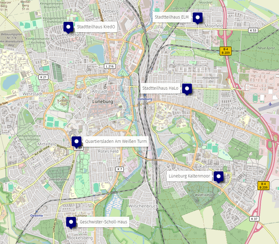 Stadtteilhäuser und Sozialarbeit. Grafik: OpenStreetMap/Mitwirkende.