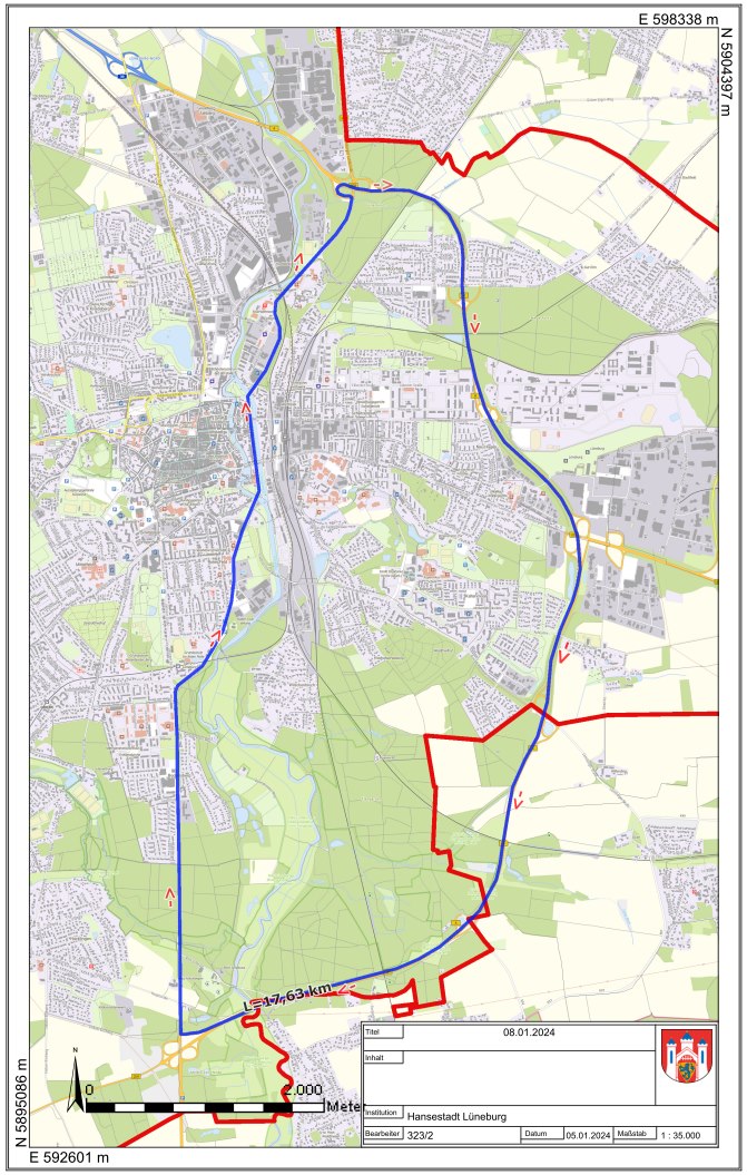 Grafik: Hansestadt Lüneburg. Die Hansestadt bittet die Demonstrierenden, sich auf die blau eingezeichnete Route zu beschränken.