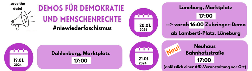 Demos für Demokratie und Menschenrechte - 19.-21.01.2024 (Sharepic, angepasst).