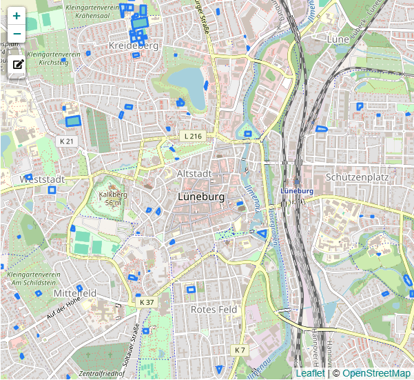 In Lüneburg gibt es an vielen Orten Spielplätze für Kinder. Karte: Lünepedia / OpenStreetmap Mitwirkende.