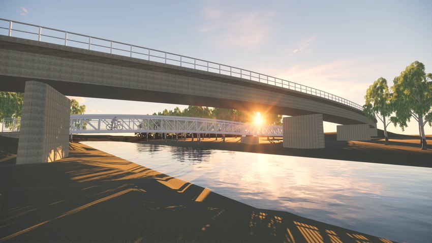 Die neue Radwegbrücke Lüner Rennbahn im Stadtteil Goseburg-Zeltberg kommt 2024. 3D-Visualisierung: Enscape